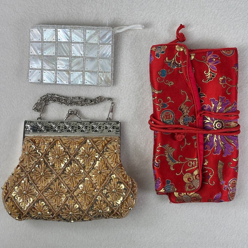 Bag Bundle - Gold Beaded Sequin Handbag Coin Purse Red Floral Silky Jewelry Roll